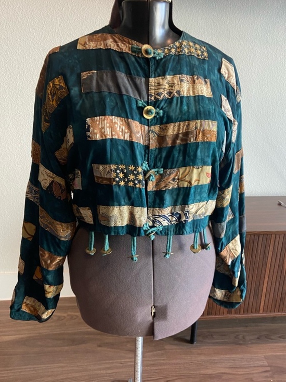 Cache Vintage Teal Patchwork Tie-Front Women's Top